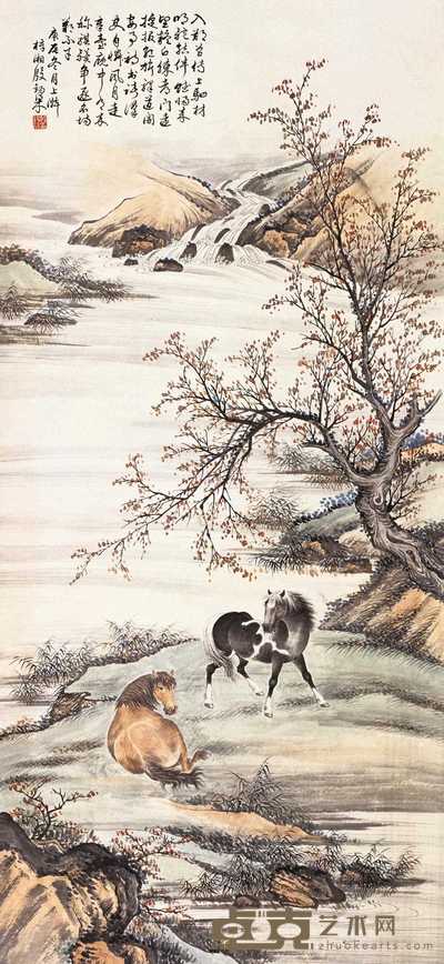 殷梓湘 湖畔双骏 立轴 113×52cm